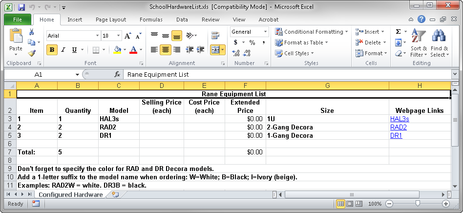 Equipment list