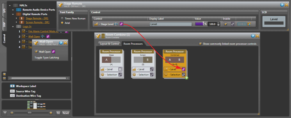 Link the Stage level control to the combined room
