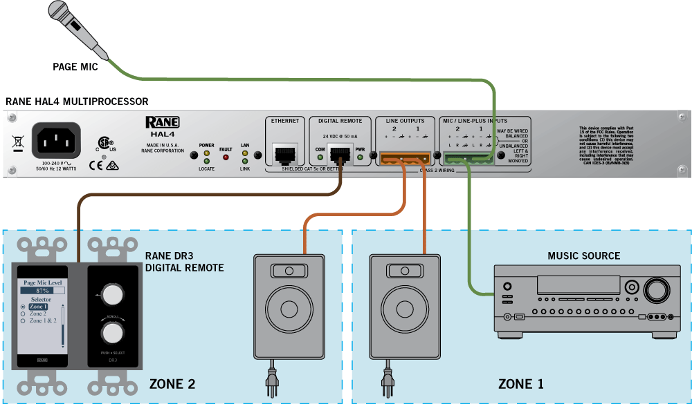 voice-detect paging over music in two rooms